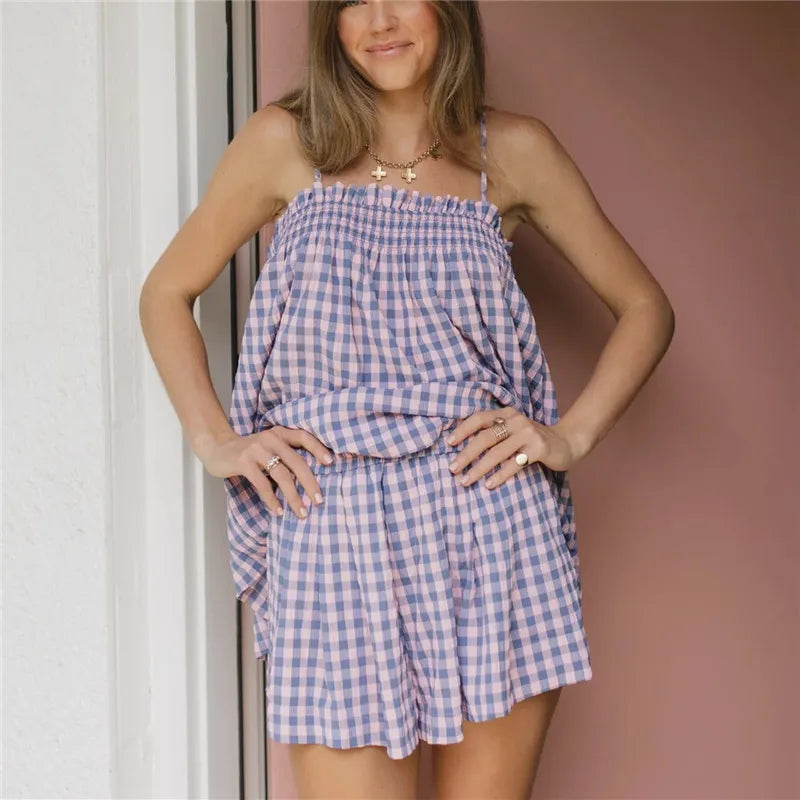 women pajama set in pink and blue gingham for comfortable sleeping
