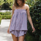 Women's gingham pajama set in pink and white for comfortable sleep