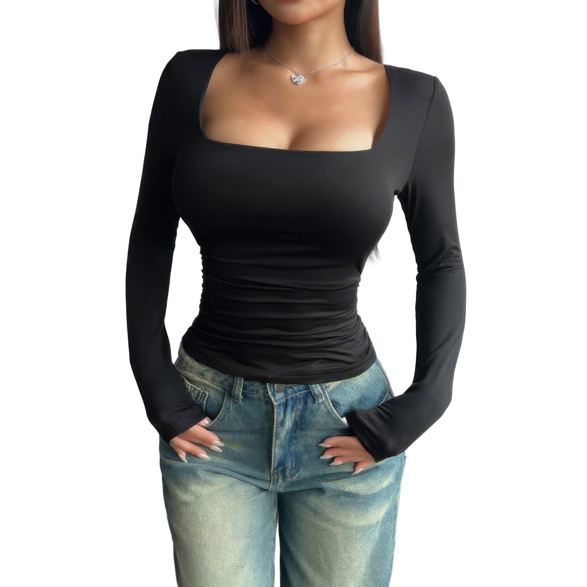 Stylish plain black ruched tee for women with long sleeves and fitted design