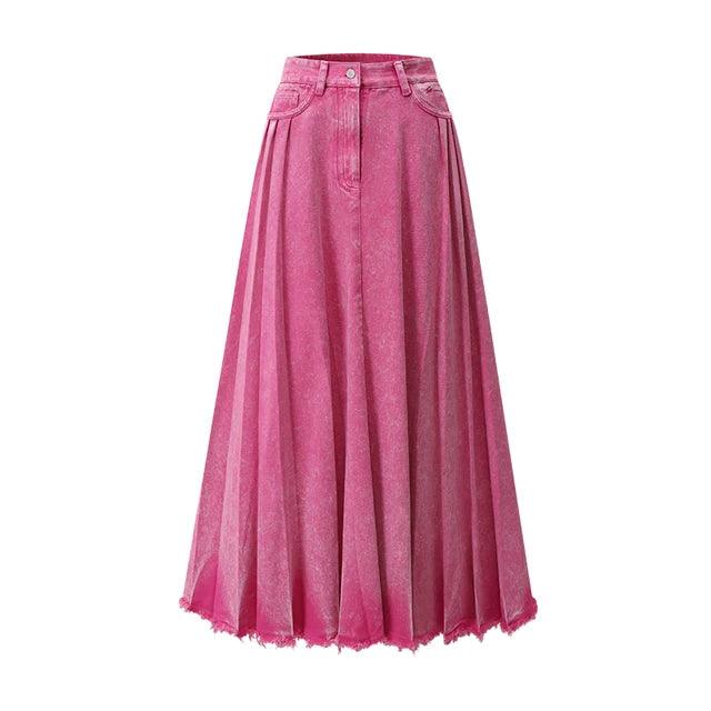 Women's Skirts Women Pleated Denim Maxi Skirt Pink Tie Dye High Waist Long Jean Skirt