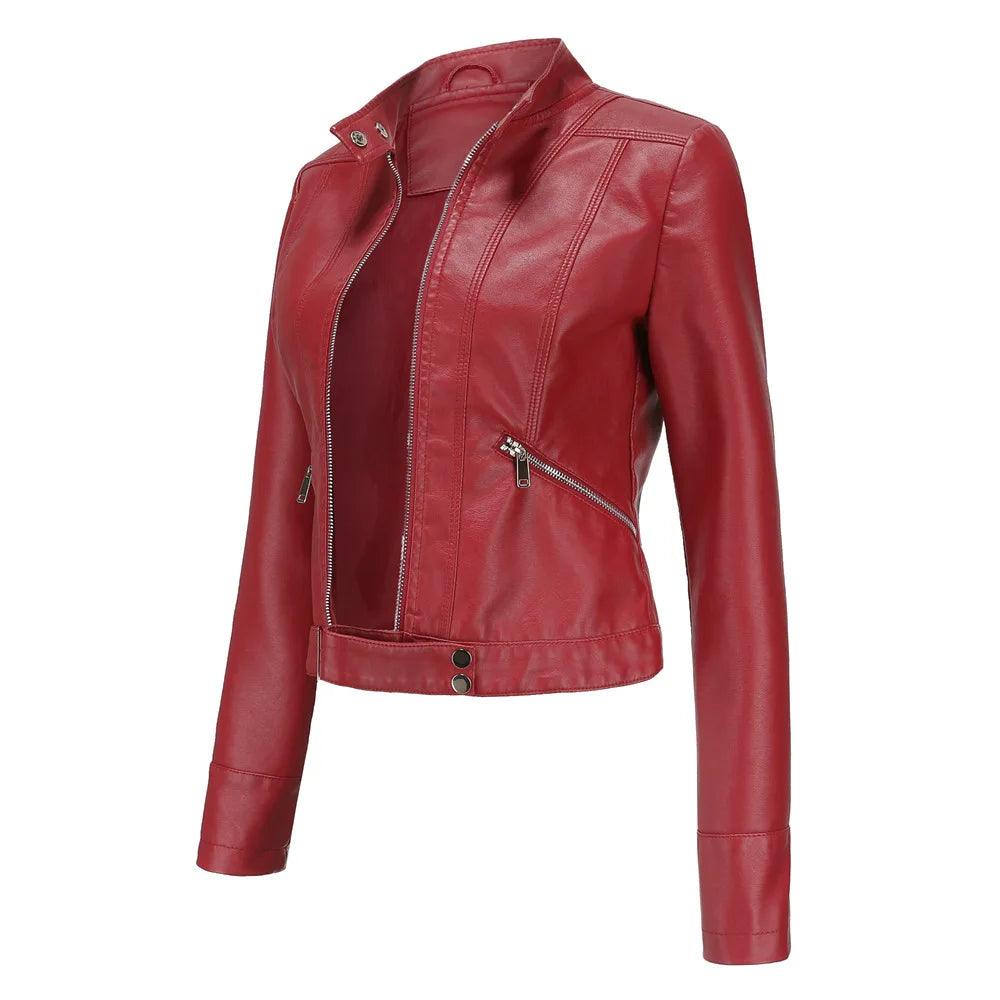 Women's Coats & Jackets Women PU Leather Waist Length Jackets with Belt Stand-up Collar