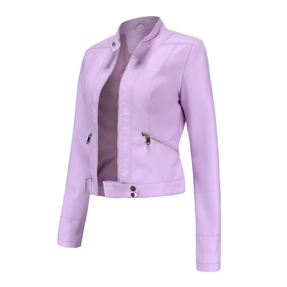 Women's Coats & Jackets Women PU Leather Waist Length Jackets with Belt Stand-up Collar
