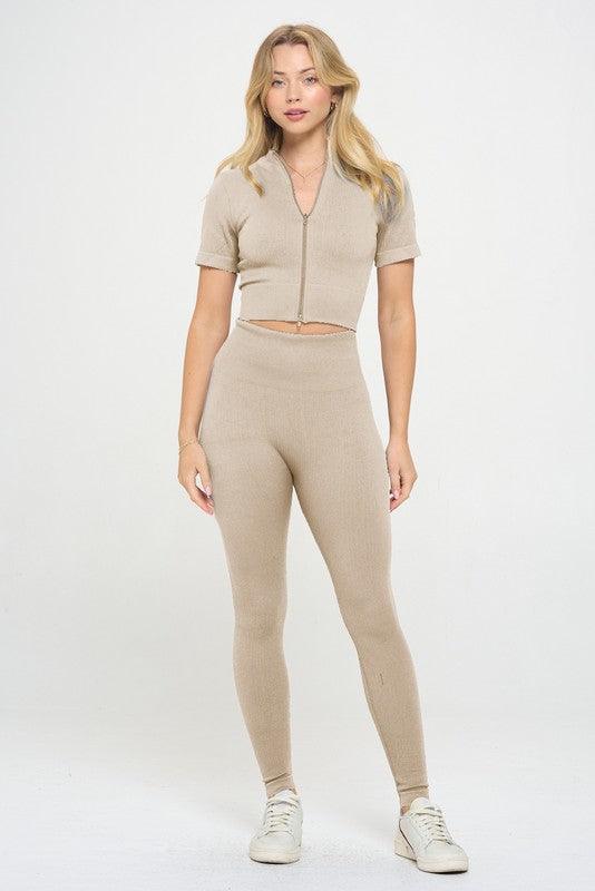 Women's Outfits & Sets Women's Activewear - 2 Piece Ribbed Seamless Zip up Jacket & Pants Set