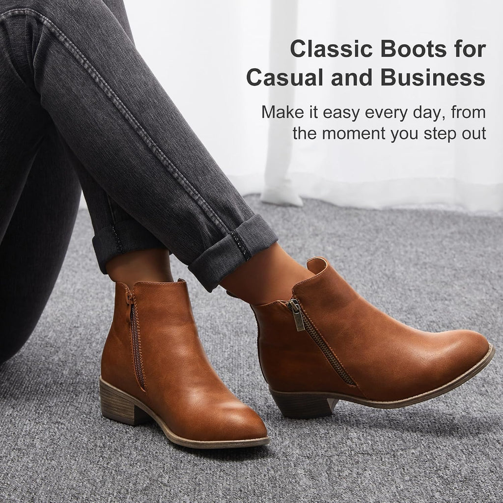 Women's Ankle Boots, Casual Round Toe Low Heel Zip Short Booties – back view