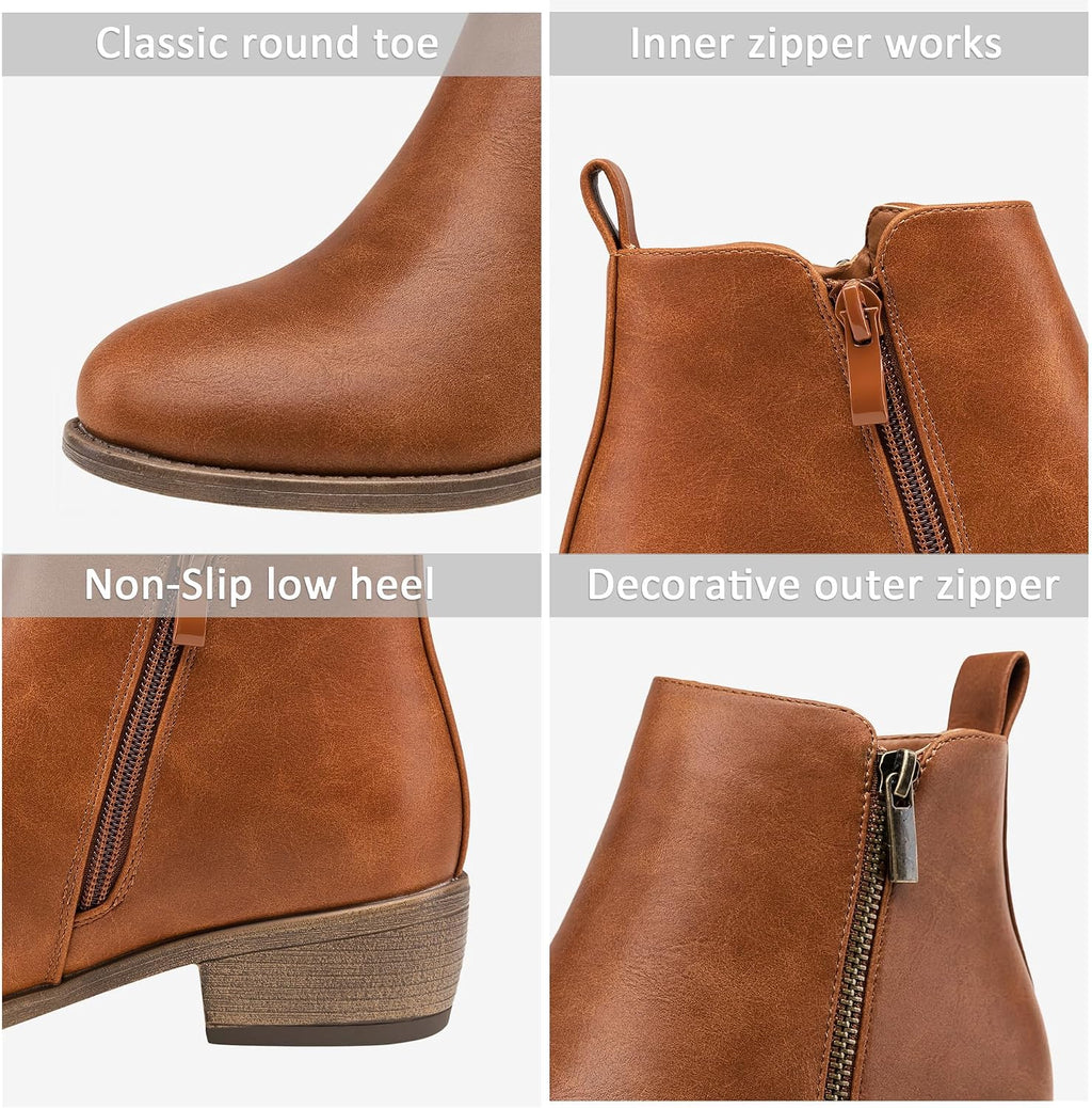 Women's Ankle Boots, Casual Round Toe Low Heel Zip Short Booties – close-up upper detail