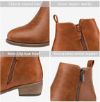 Women's Ankle Boots, Casual Round Toe Low Heel Zip Short Booties – close-up upper detail