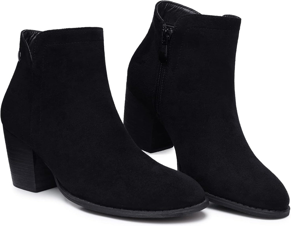 Women's Ankle Boots Heel: Chunky Low Heeled Almond Toe Booties – close-up upper detail