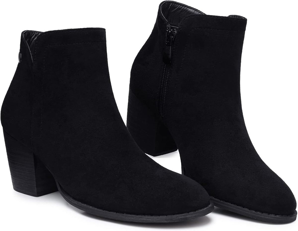 Women's Ankle Boots Heel: Chunky Low Heeled Almond Toe Booties – close-up upper detail
