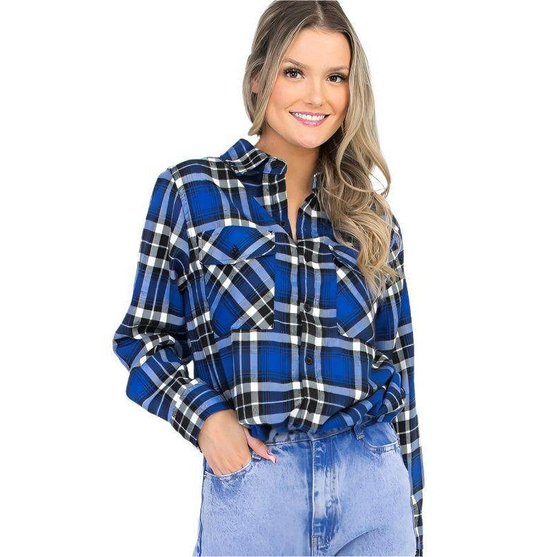 Women's Boyfriend Fit Checker Plaid Flannel Long Sleeve - VacationGrabs