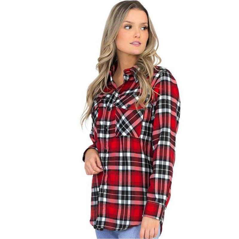 Women's Boyfriend Fit Checker Plaid Flannel Long Sleeve - VacationGrabs