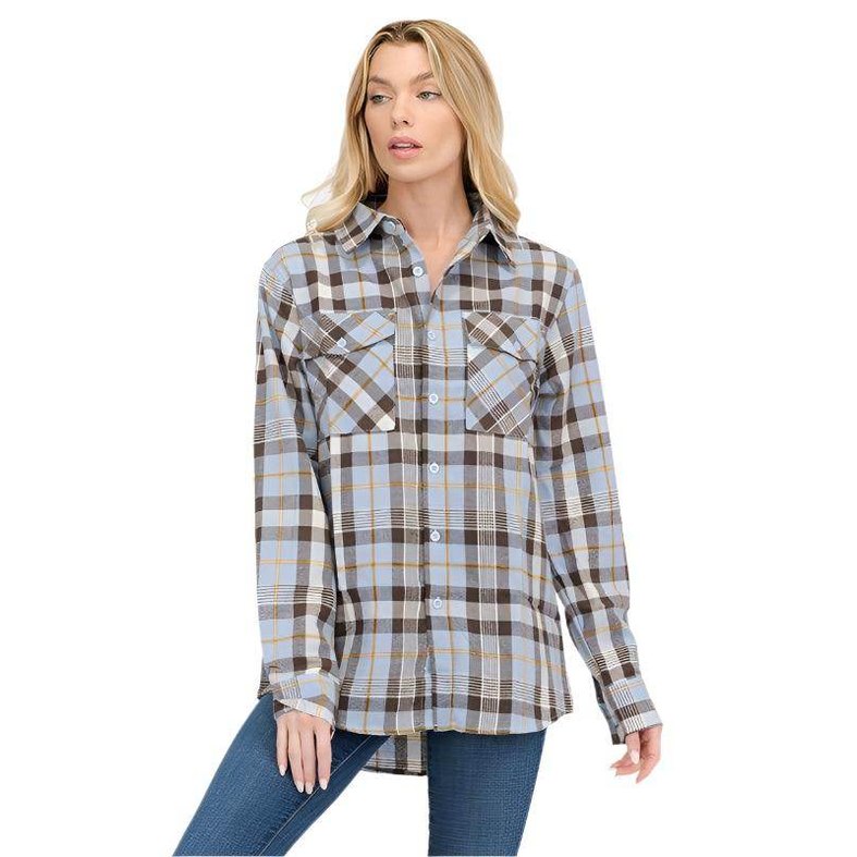 Women's Boyfriend Fit Checker Plaid Flannel Long Sleeve - VacationGrabs