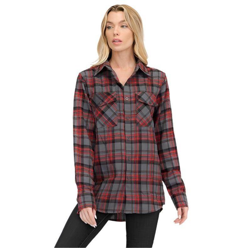 Women's Boyfriend Fit Checker Plaid Flannel Long Sleeve - VacationGrabs