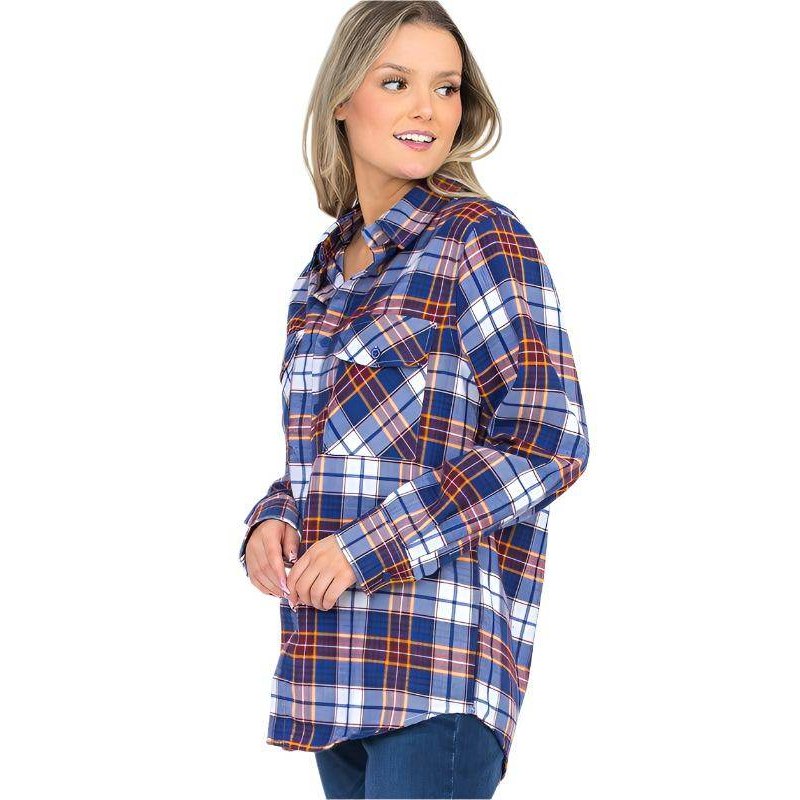 Women's Boyfriend Fit Checker Plaid Flannel Long Sleeve - VacationGrabs