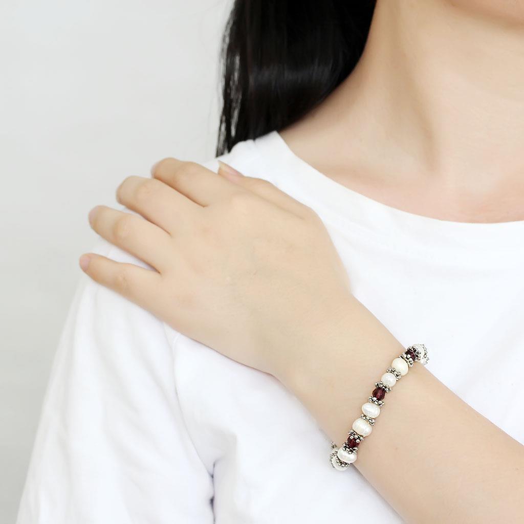 Women's Jewelry - Bracelets Women's Bracelets - LO4654 - Antique Silver White Metal Bracelet with Synthetic Pearl in Fuchsia