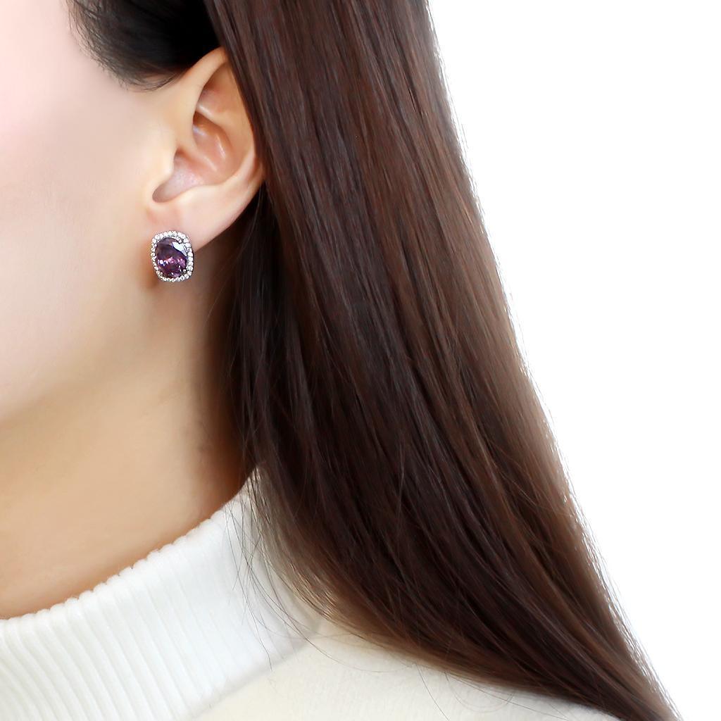 Women's Jewelry - Earrings Women's Earrings - DA298 - High polished (no plating) Stainless Steel Earrings with AAA Grade CZ in Amethyst