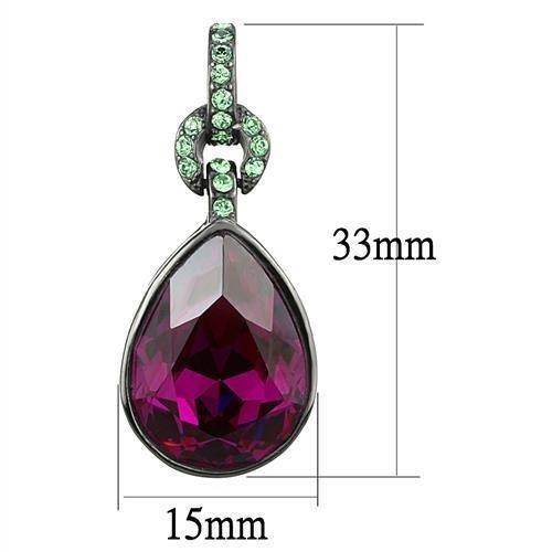 Black teardrop crystal earrings featuring a vibrant purple gem and green accents for stylish elegance