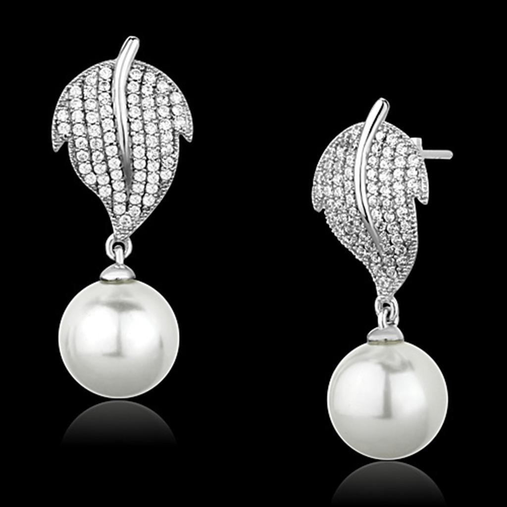 Women's Jewelry - Earrings Women's Earrings - TS166 - Rhodium 925 Sterling Silver Earrings with Synthetic Pearl in White