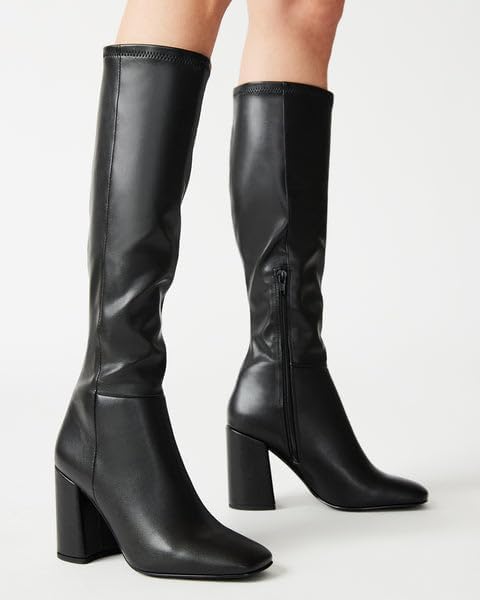 Women's Faux Leather Tall Boots Square Toe Chunky Heel Knee High Boots with Side Zip – 3/4 angle view