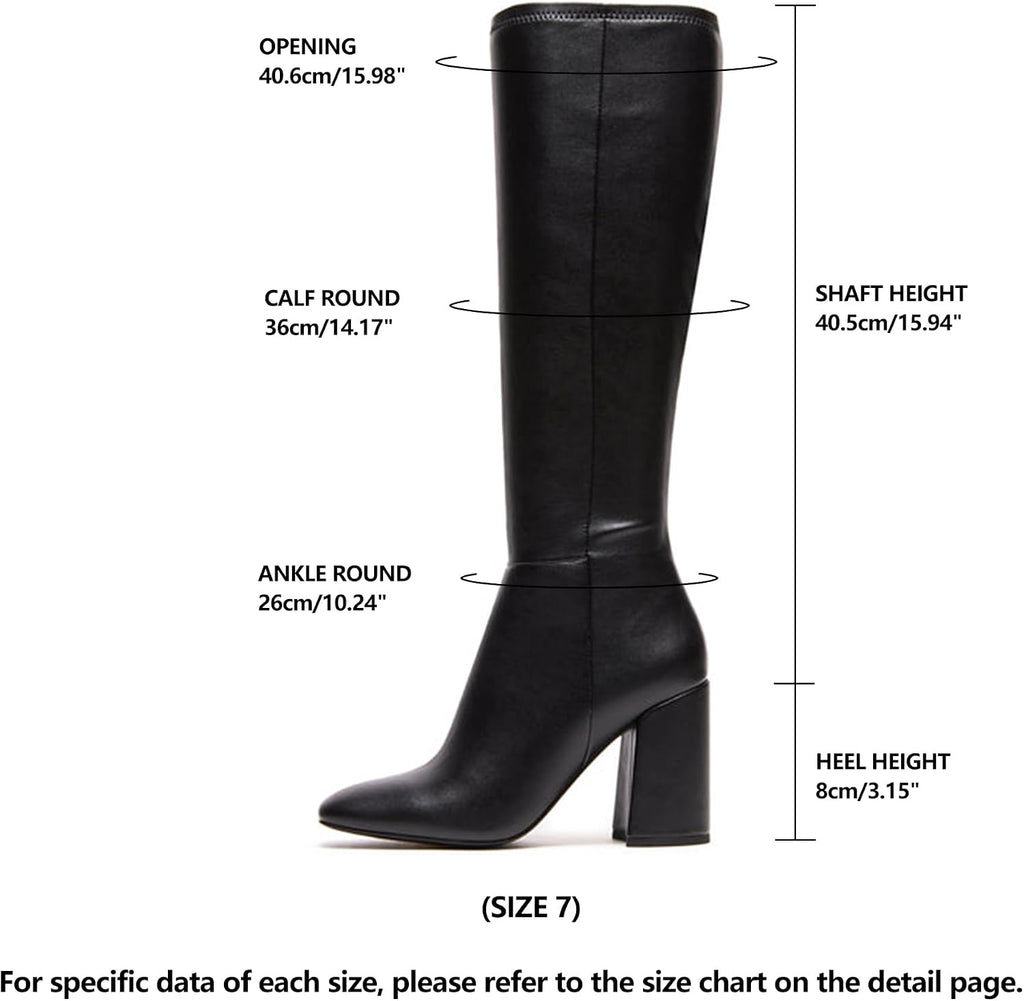 Women's Faux Leather Tall Boots Square Toe Chunky Heel Knee High Boots with Side Zip – back view