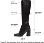 Women's Faux Leather Tall Boots Square Toe Chunky Heel Knee High Boots with Side Zip – back view