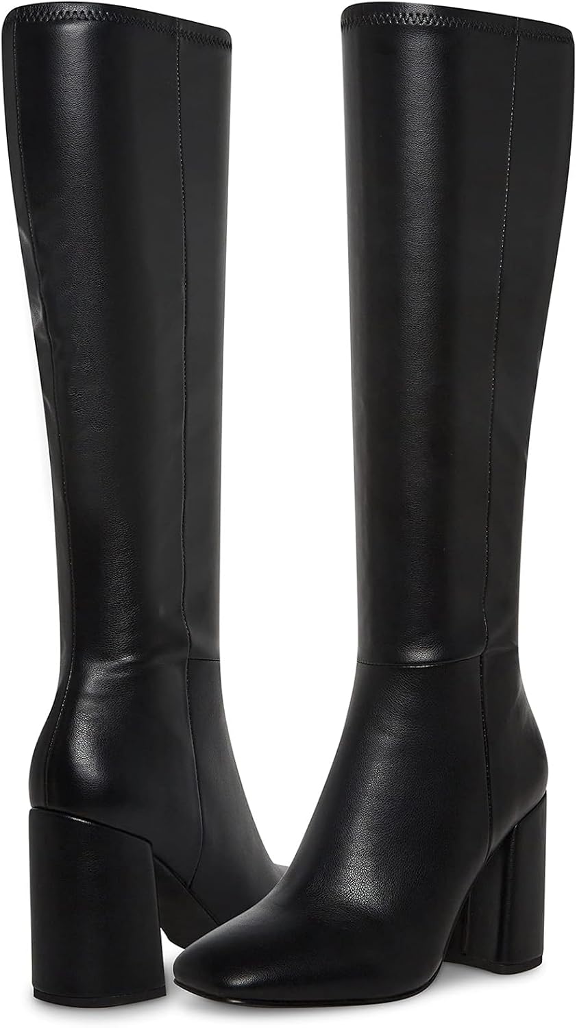 Women's Faux Leather Tall Boots Square Toe Chunky Heel Knee High Boots with Side Zip – close-up upper detail