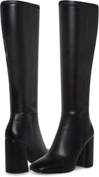 Women's Faux Leather Tall Boots Square Toe Chunky Heel Knee High Boots with Side Zip – close-up upper detail