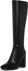 Women's Faux Leather Tall Boots Square Toe Chunky Heel Knee High Boots with Side Zip – opposite side view