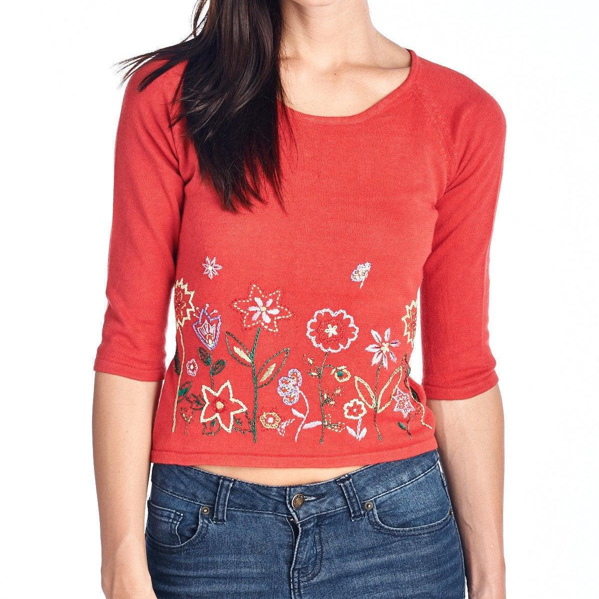 Women's Sweaters Women's Floral Embroidered Tie-Back Crop Sweater