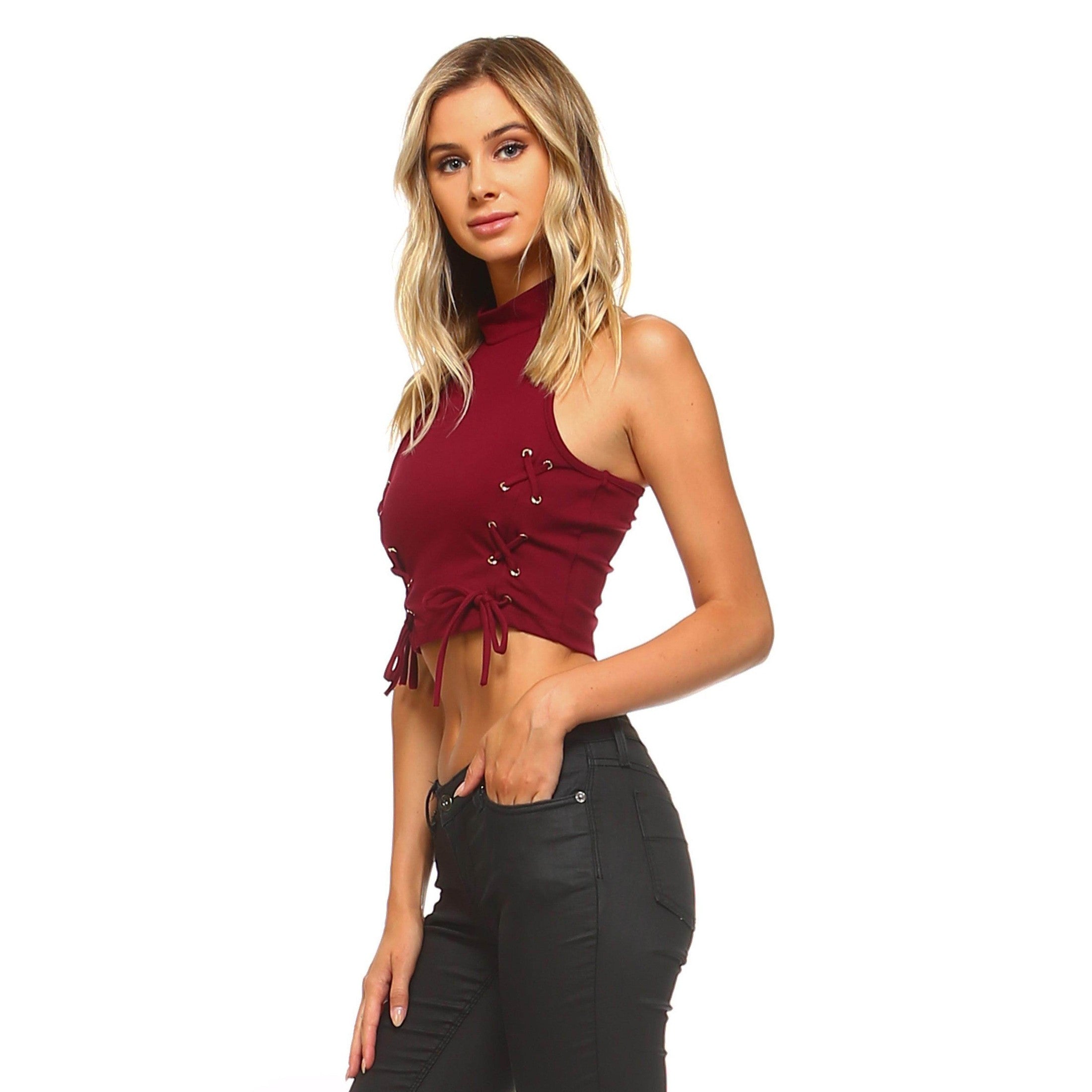 Women's High Neck Tie Crop Top - VacationGrabs