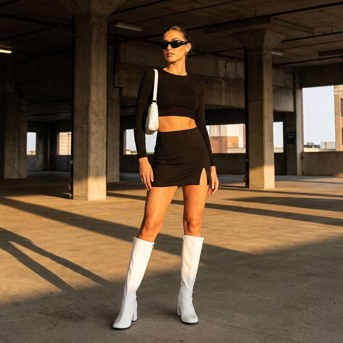 Women's Knee High Gogo Boots Block Heel Square Toe Disco Style – back view