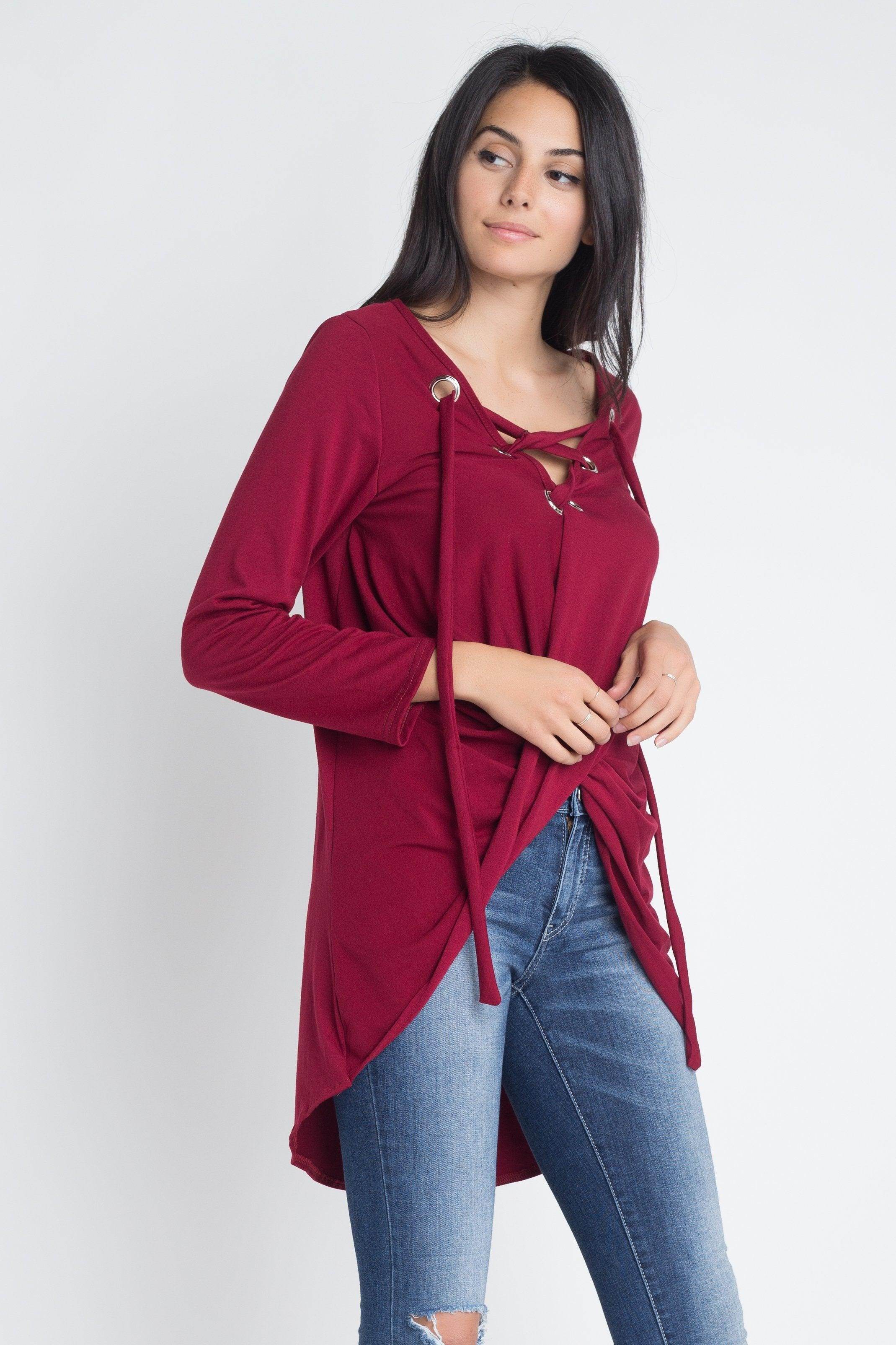 Women's Lace Up Wrap Long Sleeve Top - VacationGrabs
