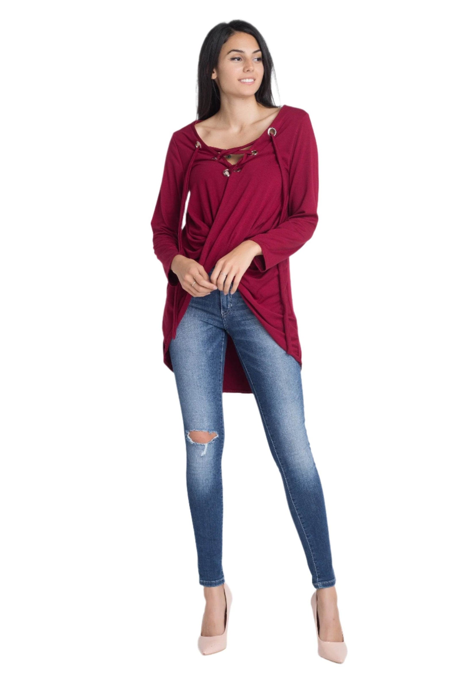 Women's Lace Up Wrap Long Sleeve Top - VacationGrabs
