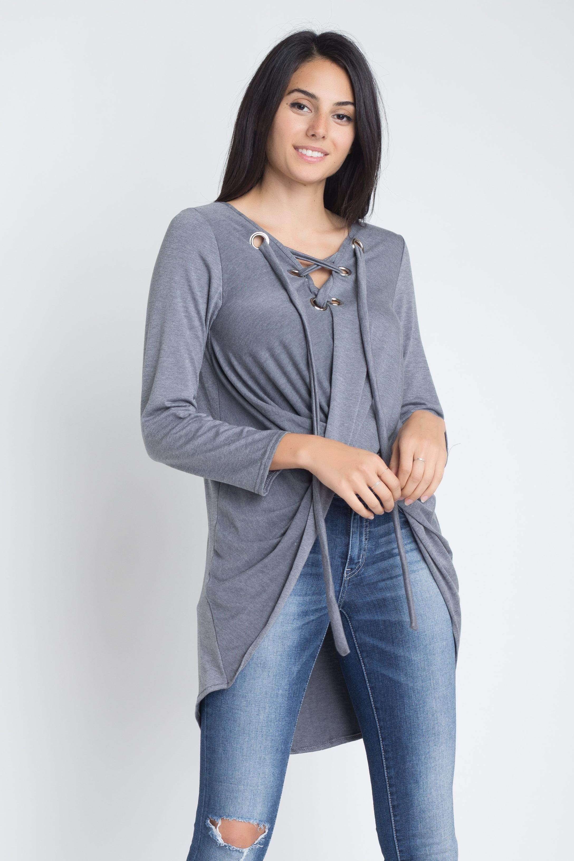 Women's Lace Up Wrap Long Sleeve Top - VacationGrabs