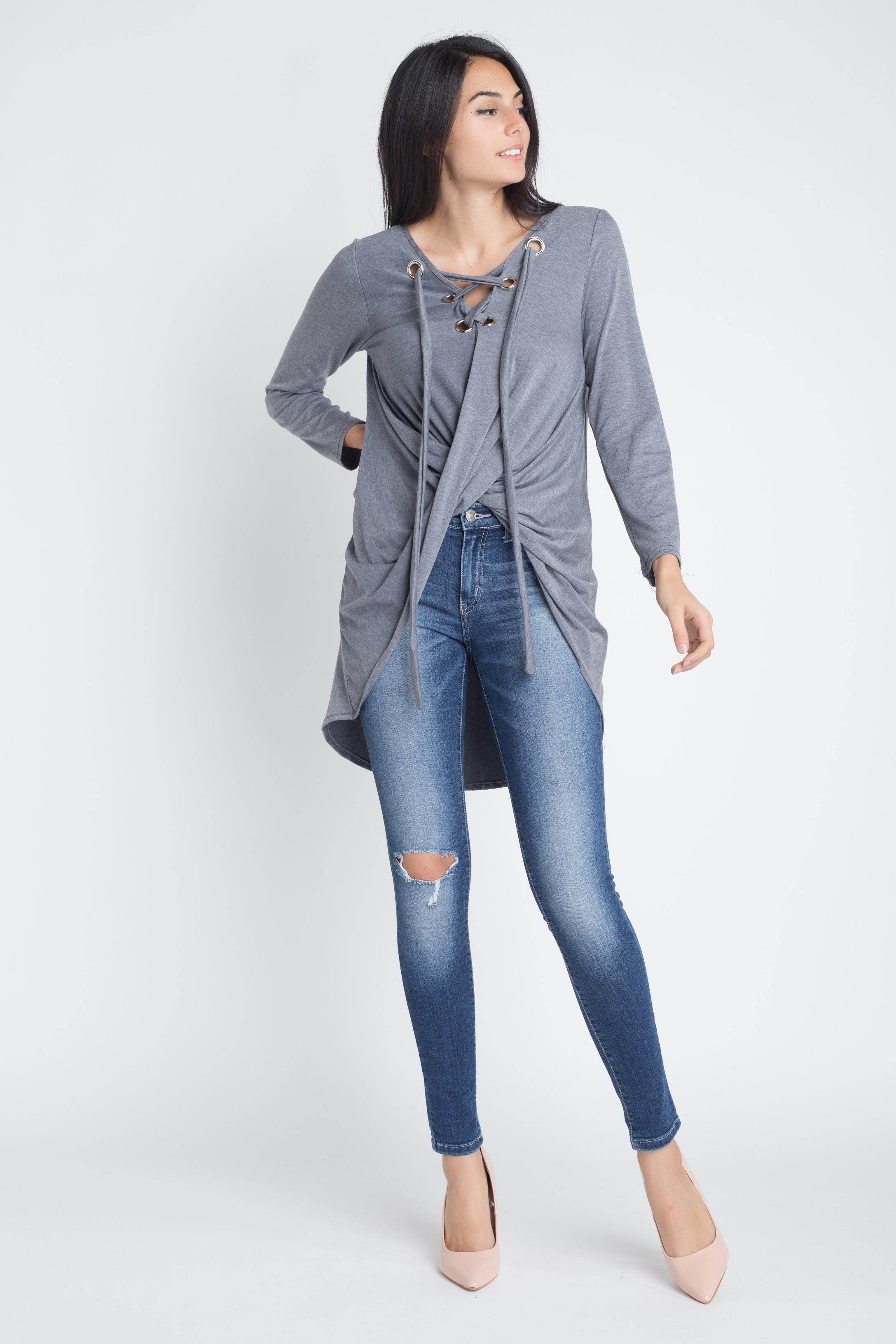 Women's Lace Up Wrap Long Sleeve Top - VacationGrabs