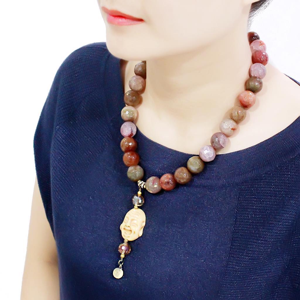 Women's Jewelry - Necklaces Women's LO4663 - Antique Copper Brass Necklace with Semi-Precious Agate in Multi Color