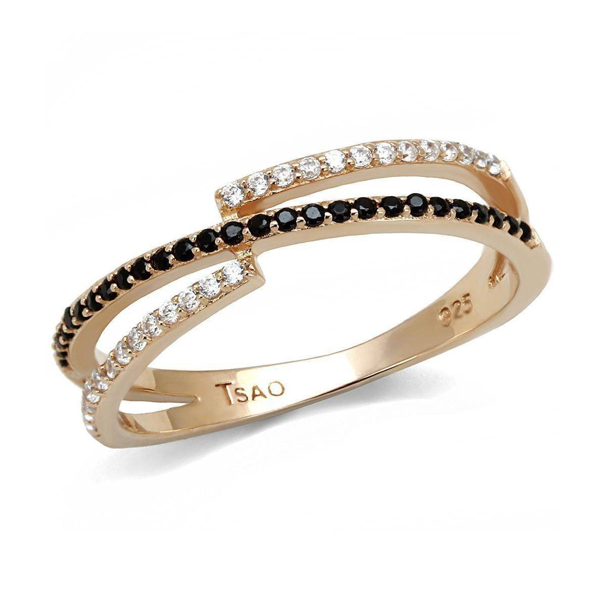 Unique sterling silver ring for women featuring alternating black and clear stones in a modern design