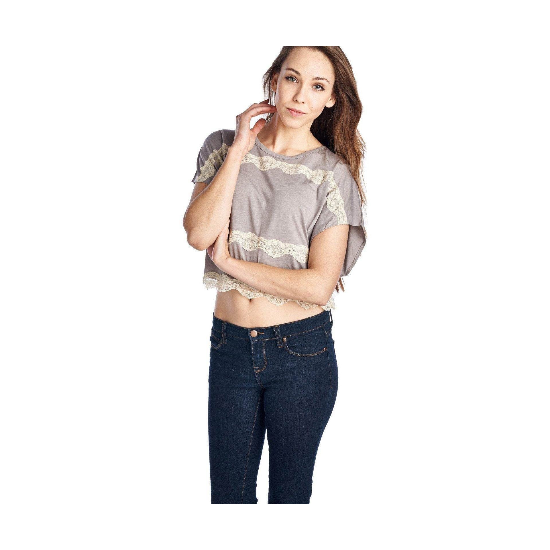 Women's Short Wing Keyhole Back Top with Lace Trim - VacationGrabs