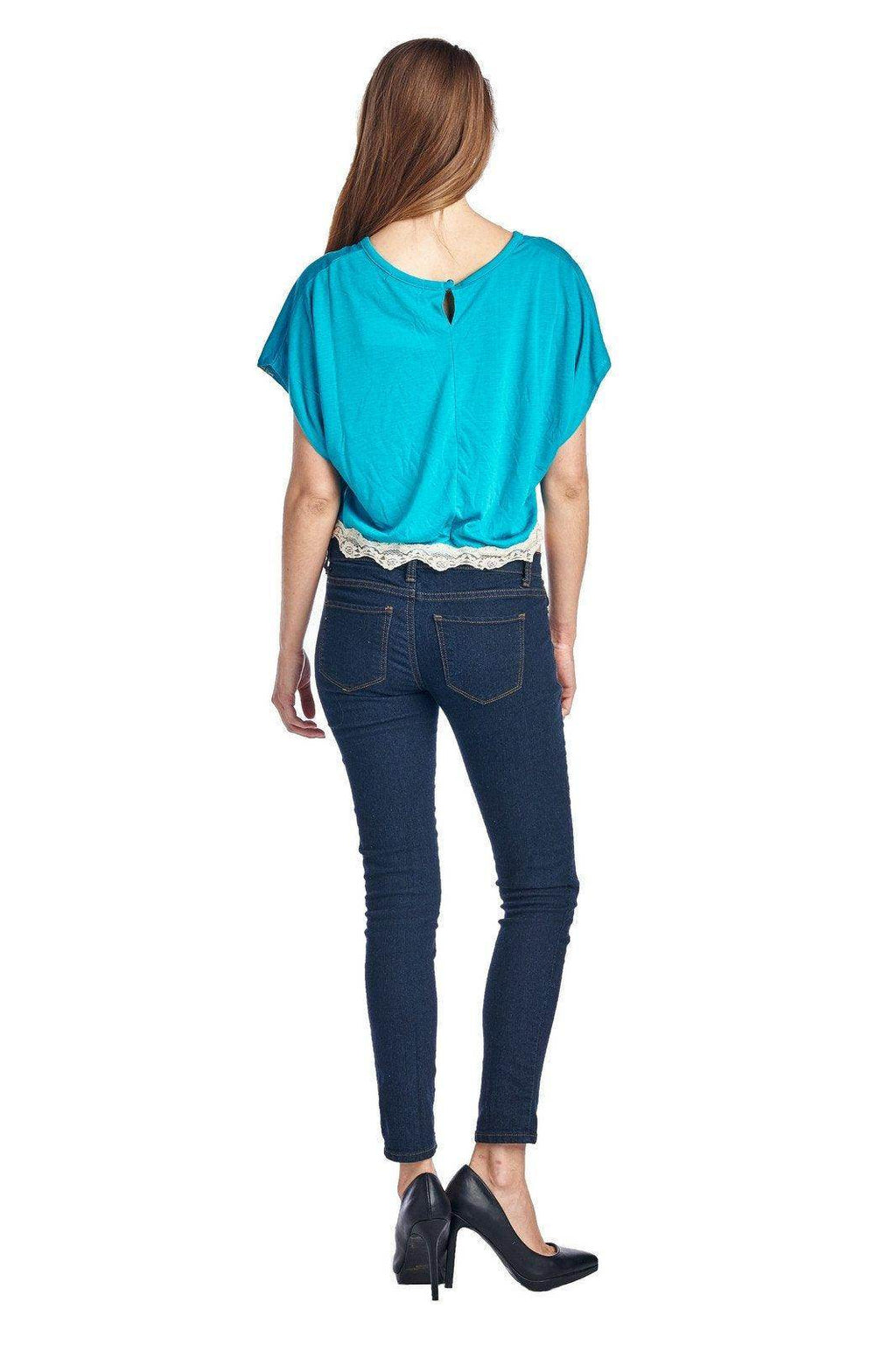 Women's Short Wing Keyhole Back Top with Lace Trim - VacationGrabs