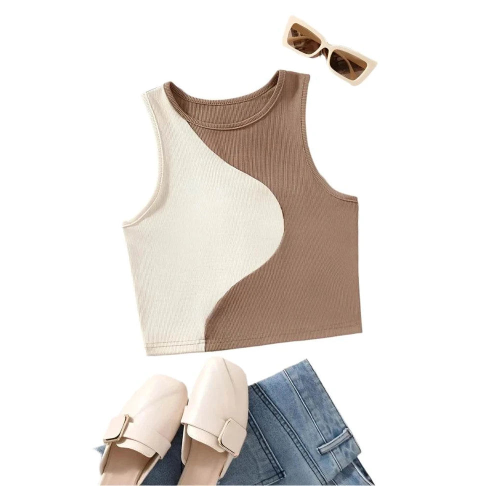 Two Tone Ribbed Knit Tank Tops - VacationGrabs