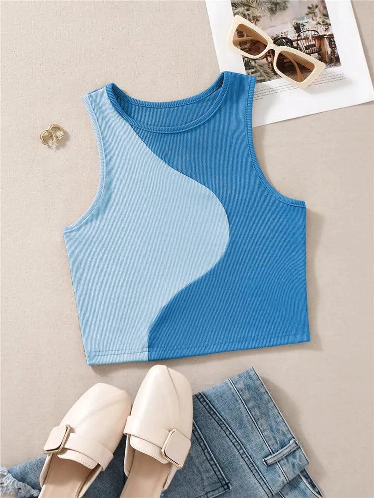 Women's Shirts Women'S Two Tone Ribbed Knit Tank Tops O-Neck Sleeveless Cute Tee Y2K Clothes