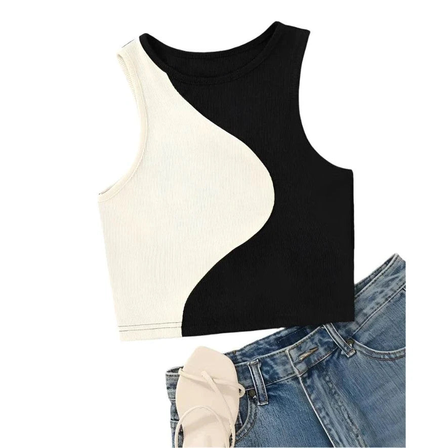 Two Tone Ribbed Knit Tank Tops - VacationGrabs