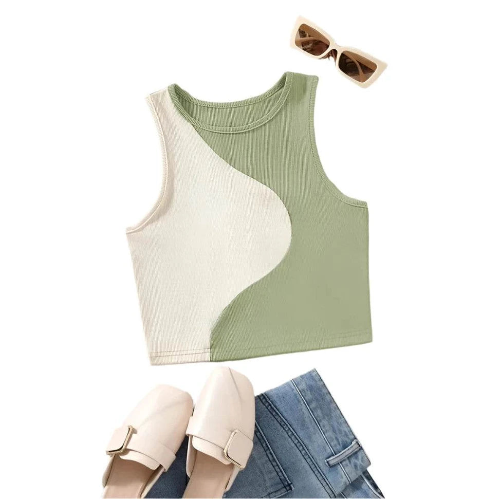 Two Tone Ribbed Knit Tank Tops - VacationGrabs