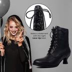Women's Victorian Ankle Boots Mid Calf Round Toe Black Boots with Chunky Heel Lace Up Detail – sole and heel detail