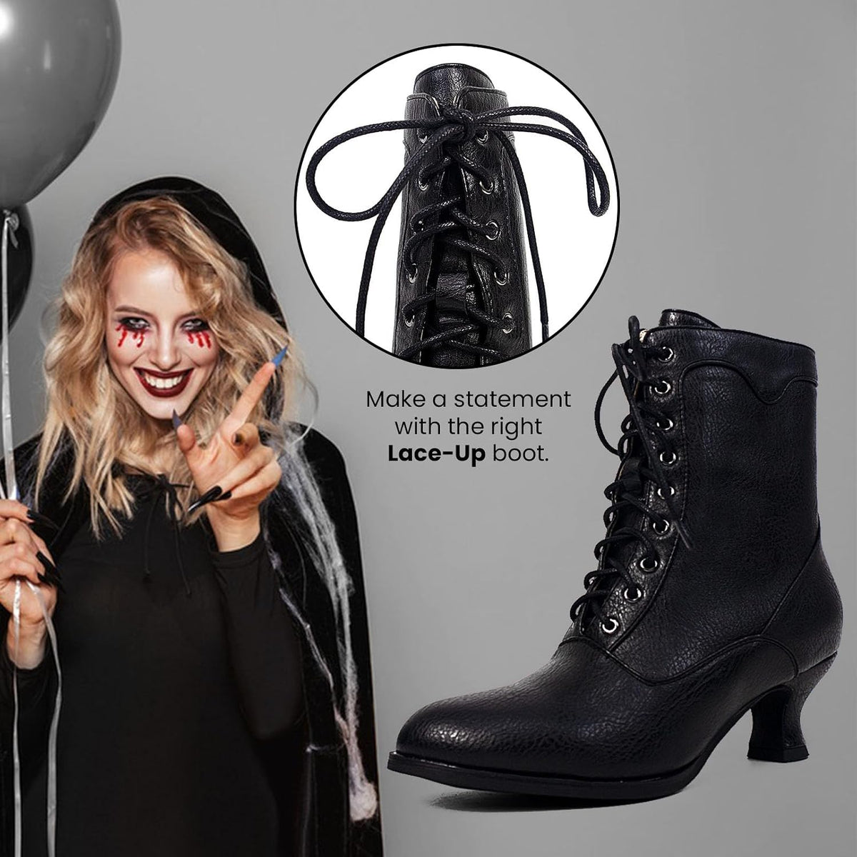 Women's Victorian Ankle Boots Mid Calf Round Toe Black Boots with Chunky Heel Lace Up Detail – sole and heel detail