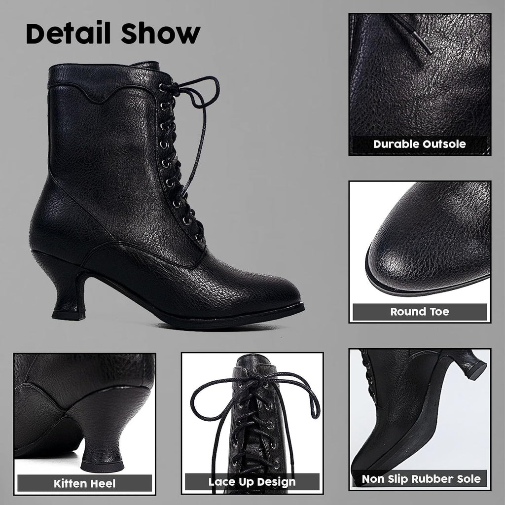 Women's Victorian Ankle Boots Mid Calf Round Toe Black Boots with Chunky Heel Lace Up Detail – close-up upper detail
