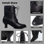 Women's Victorian Ankle Boots Mid Calf Round Toe Black Boots with Chunky Heel Lace Up Detail – close-up upper detail