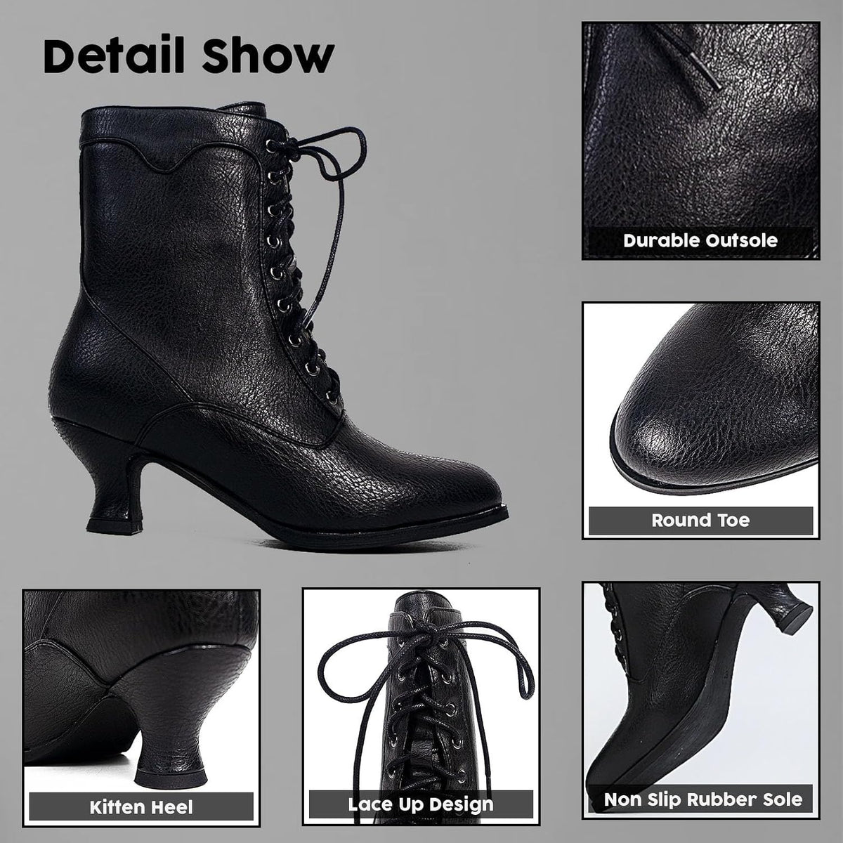 Women's Victorian Ankle Boots Mid Calf Round Toe Black Boots with Chunky Heel Lace Up Detail – close-up upper detail