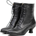 Women's Victorian Ankle Boots Mid Calf Round Toe Black Boots with Chunky Heel Lace Up Detail – pair view