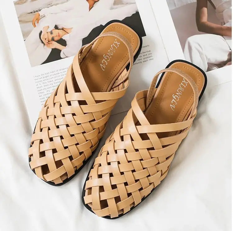 women-sandals in tan woven leather for summer outings
