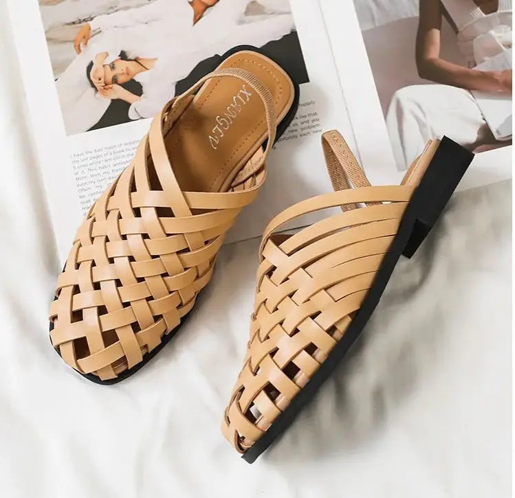 women-sandals in tan woven design, perfect for summer outings